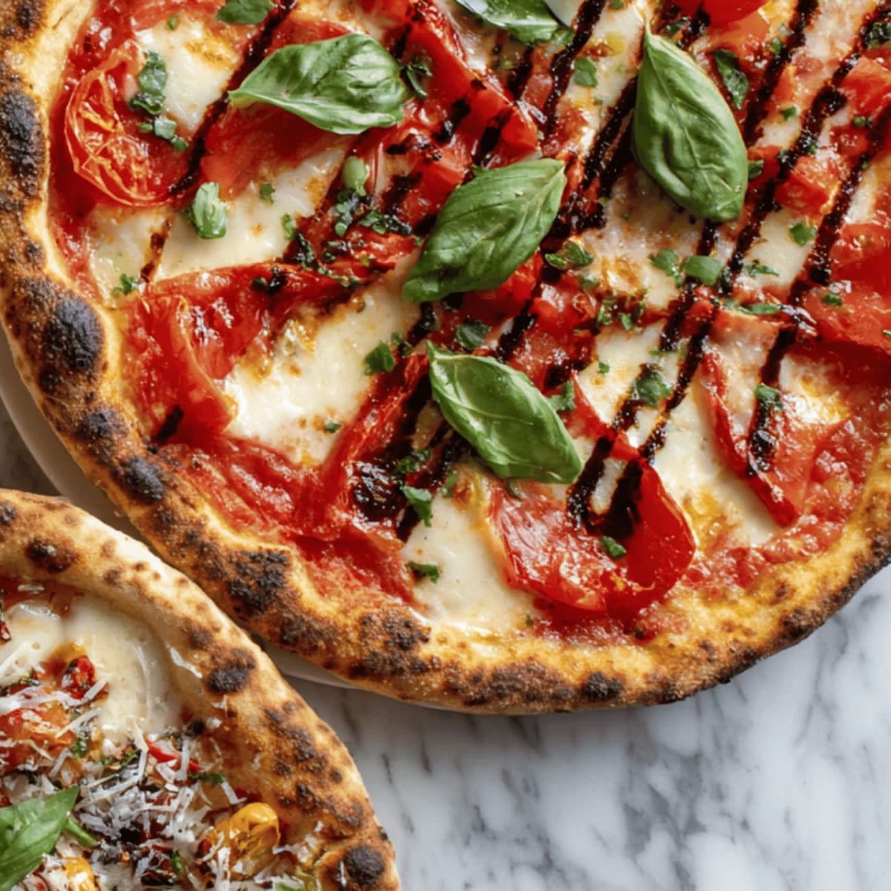 Pizza tomate, mozzarella et basilic, vue de près